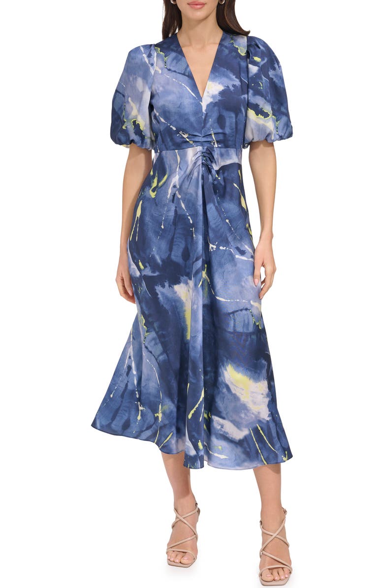 DKNY Print Puff Sleeve Satin Midi Dress, Main, color, Fluoro Yellow/ Inky Blue Multi
