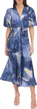 DKNY Print Puff Sleeve Satin Midi Dress