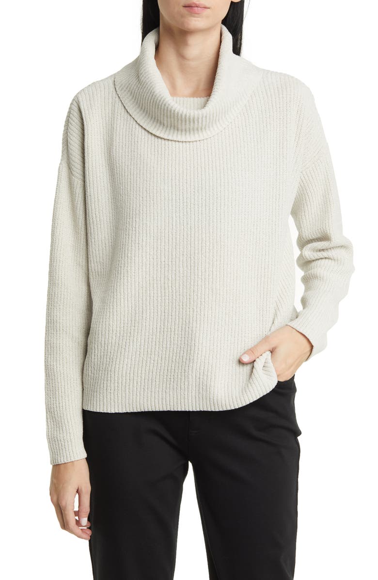 Eileen Fisher Ribbed Organic Cotton Chenille Turtleneck Sweater, Main, color, Bone