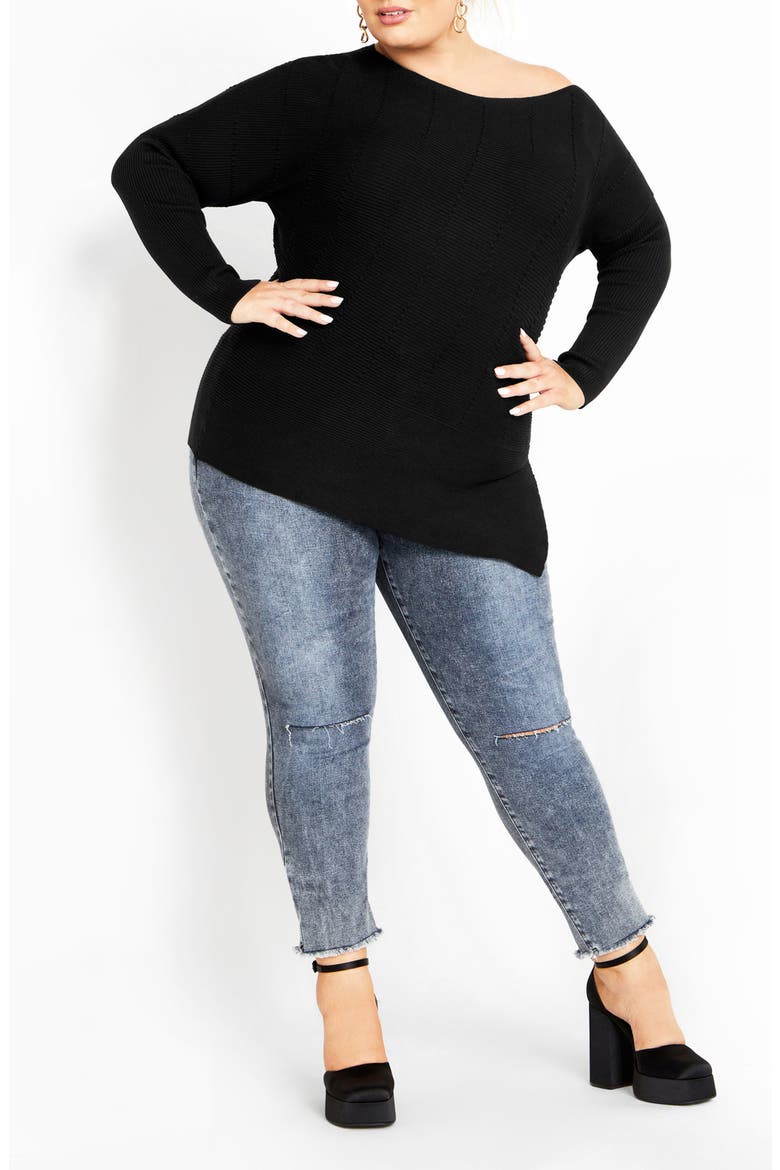 Lean In One-Shoulder Rib Sweater, Main, color, BLACK