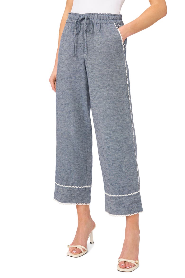 Lace Trim Crop Cotton & Linen Pants, Main, color, MED INDIGO