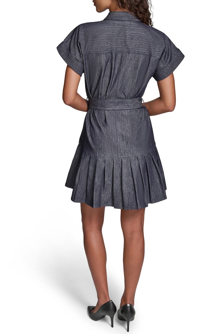 Pinstripe Tie Waist Denim Minidress, Alternate, color, DARK WASH