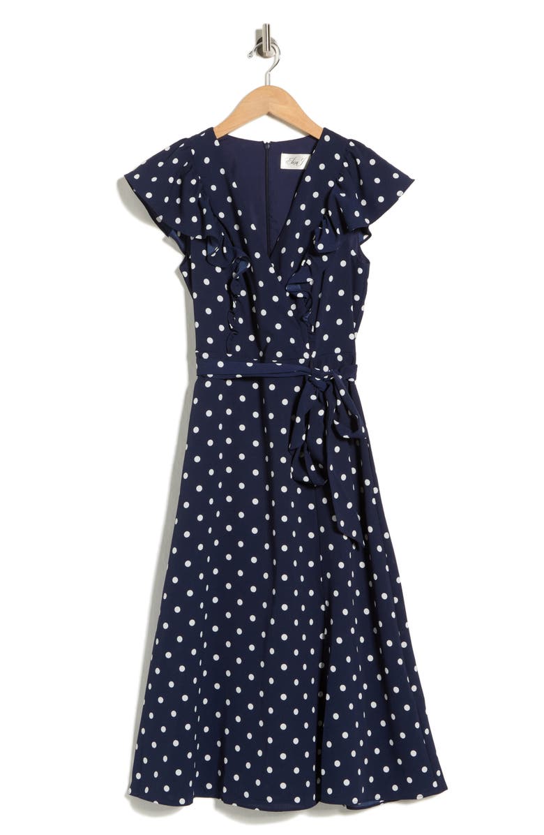 Eliza J Flutter Sleeve Fit & Flare Midi Dress, Alternate, color, Navy