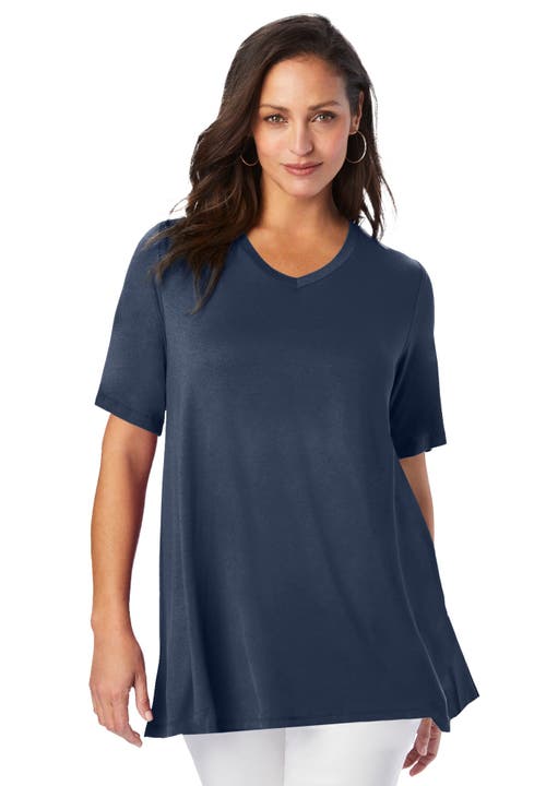 Jessica London Stretch Knit V-neck Swing Tunic In Blue