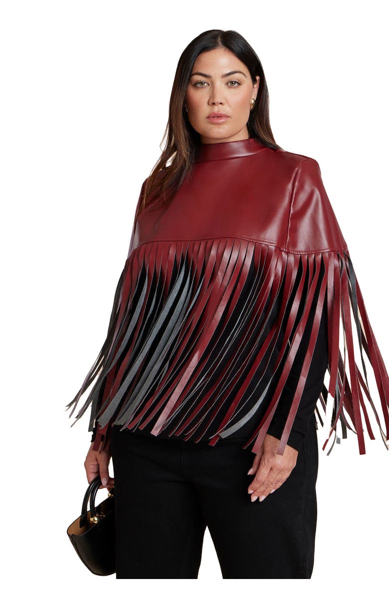 ELOQUII Faux Leather Fringe Cape, Main, color, Tawny Port