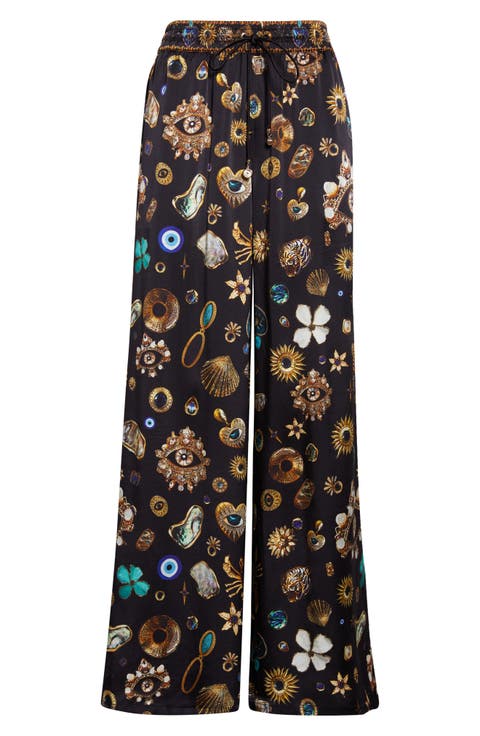 Amulets & Alchemy Print Wide Leg Silk Satin Pants