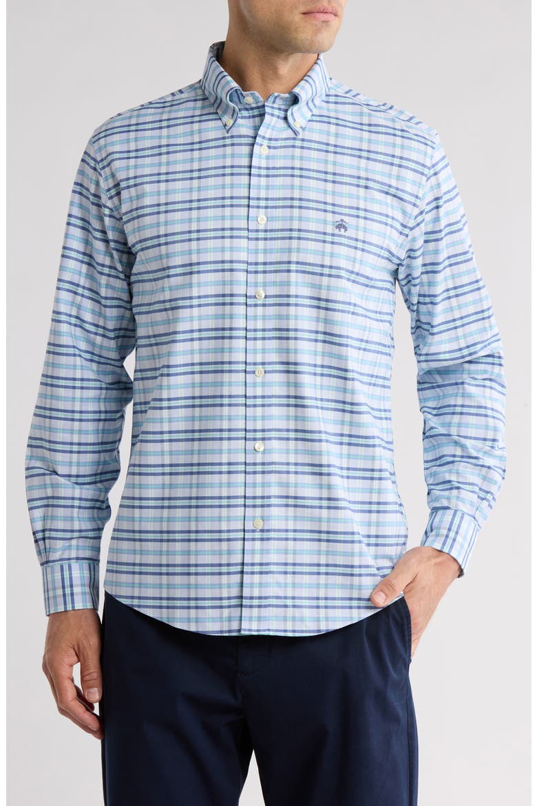 Non-Iron Plaid Cotton Stretch Oxford Button-Down Shirt, Main, color, HYDRANGA