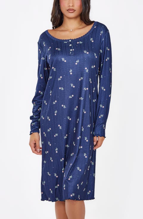 Floral Pointelle Knit Long Sleeve Sleep Dress