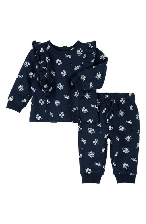Firsts By Petit Lem Babies'  Floral Print Ruffle Fleece Sweatshirt & Joggers Set In Blue