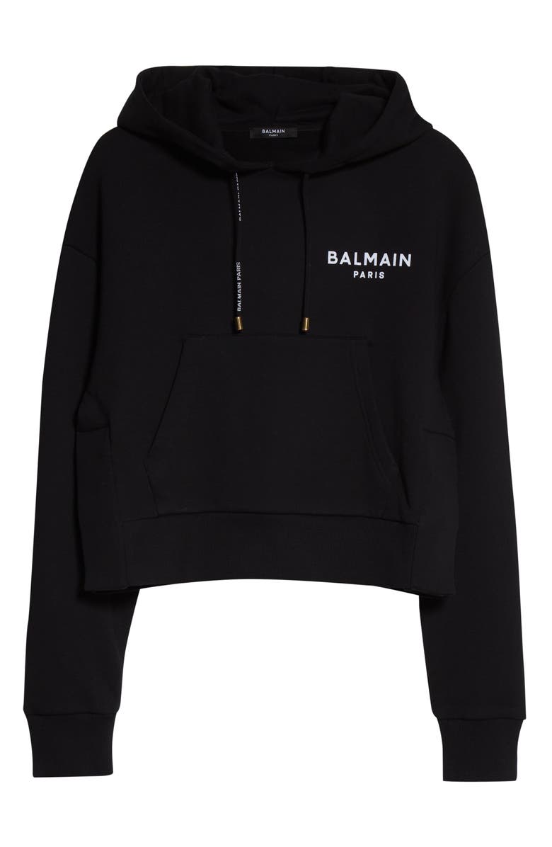 Balmain Flocked Logo Crop Hoodie, Alternate, color, 