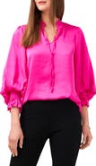 Chaus Tie Neck Smocked Satin Blouse