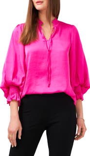 Chaus Tie Neck Smocked Satin Blouse