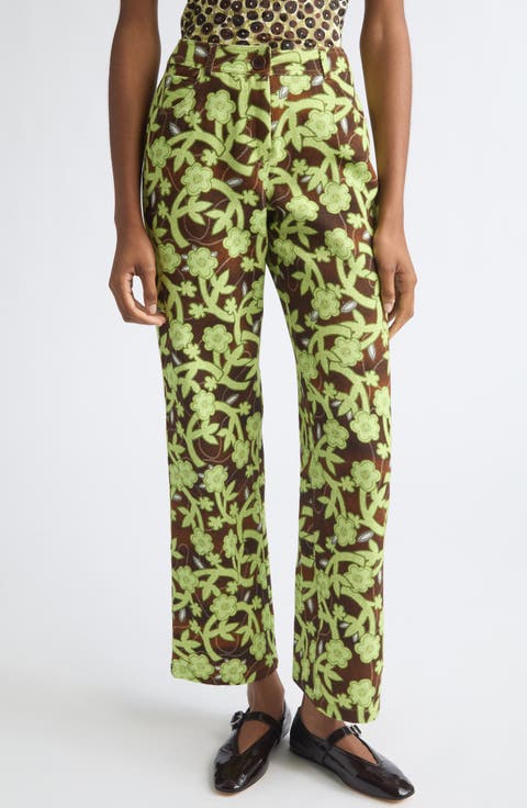 Roux Floral Low Rise Straight Leg Cotton Twill Pants