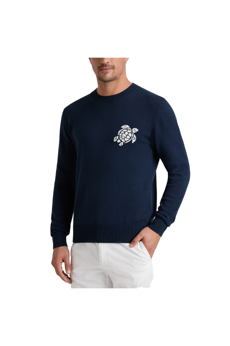 Men Crewneck Cotton and Cashmere Sweater Turtle, Main, color, Navy