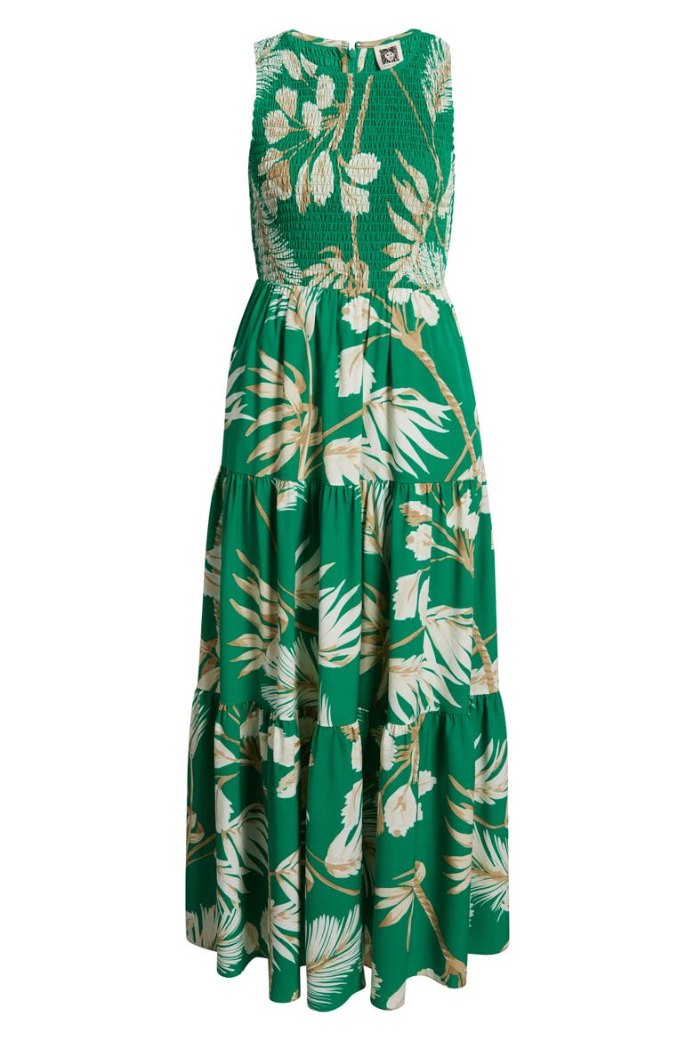 Palm Print Smocked Tiered Maxi Dress, Alternate, color, TROPICAL GREEN MULTI