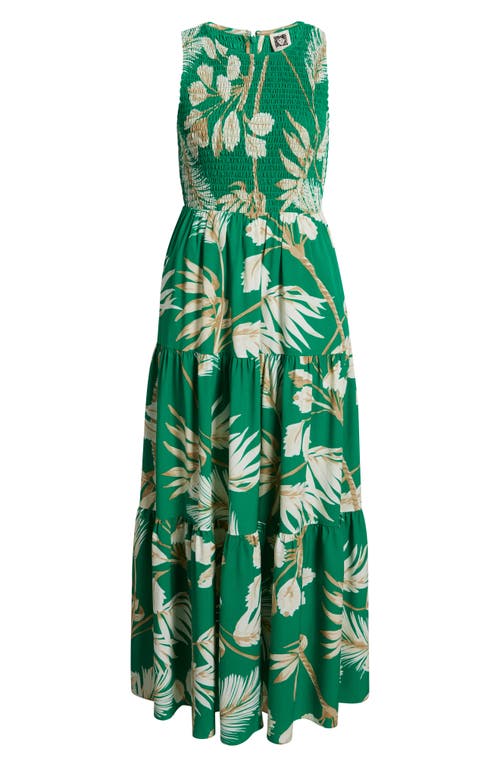 Anne Klein Palm Print Smocked Tiered Maxi Dress