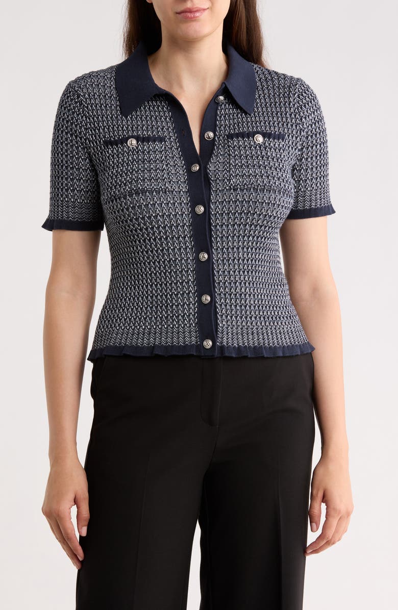 ELIE ELIE TAHARI Herringbone Cardigan Sweater, Main, color, Dark Sapphire/ Egret