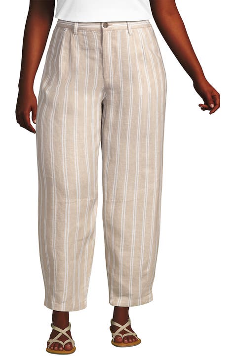 Plus Size Linen High Rise Pleated Barrel Leg Ankle Pants