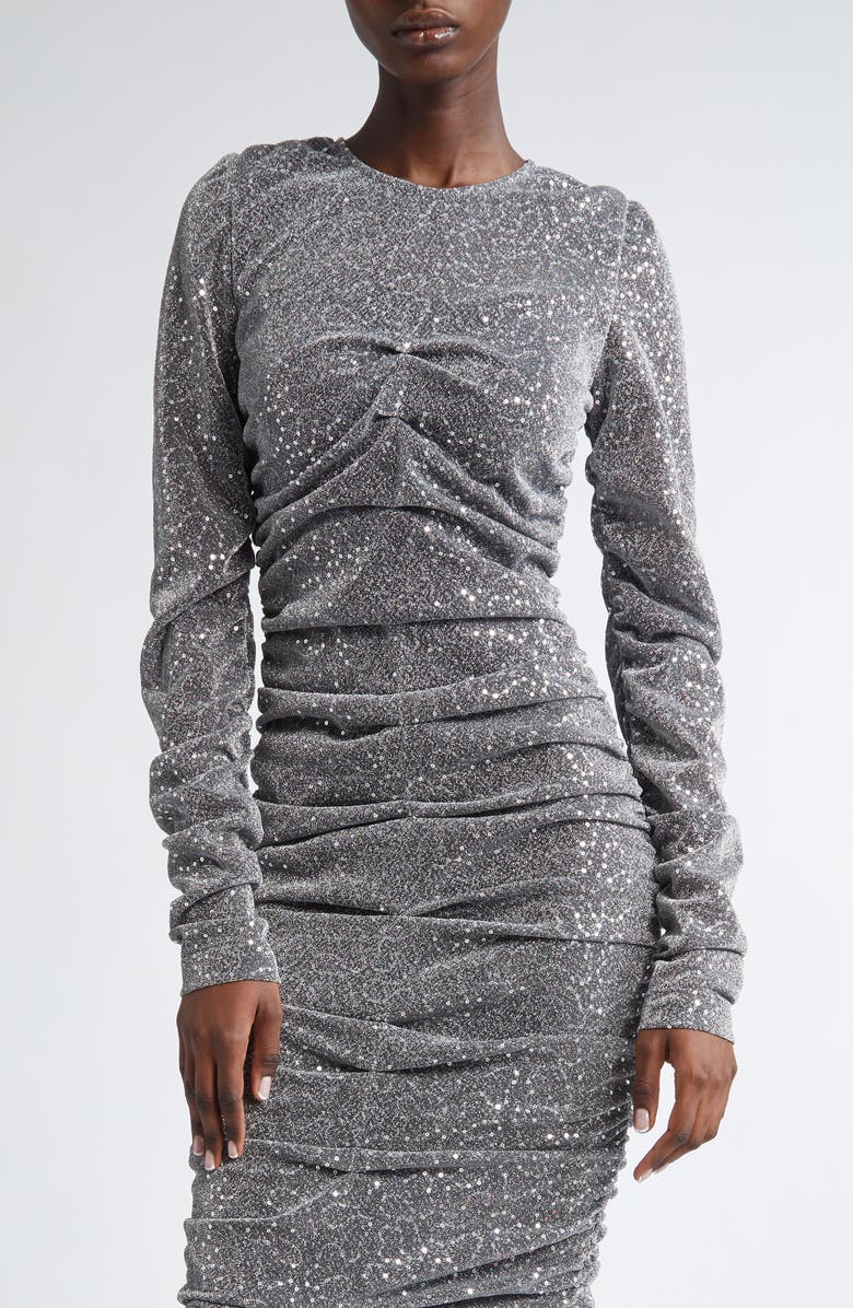 Dolce&Gabbana Ruched Long Sleeve Sequin Midi Dress, Alternate, color, Argento