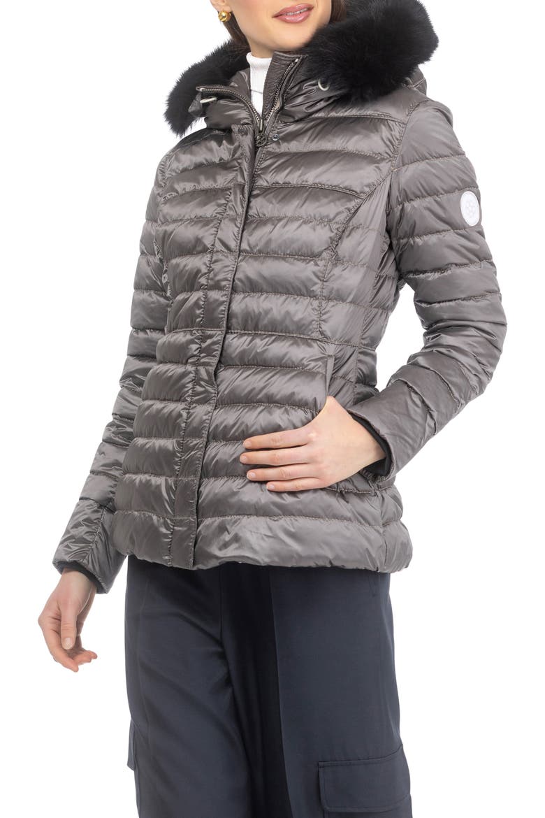 Apres-Ski Horizontal Short Jacket With Detachable Genuine Shearling Hood Trim, Alternate, color, GREIGE/BLACK
