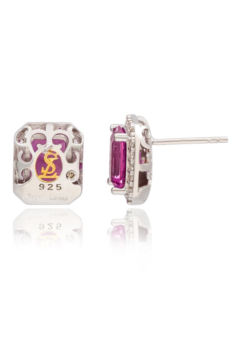 Baguette Cut Sapphire Pavé Diamond Halo Stud Earrings, Alternate, color, PINK
