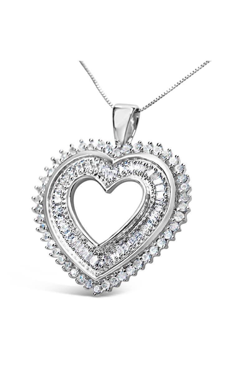 Silver 1.0 Cttw Baguette and Round Diamond Heart Pendant Necklace, Alternate, color, White