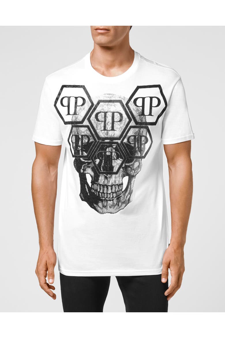 T-Shirt Round Neck Ss Skull With Crystals Men, Main, color, white