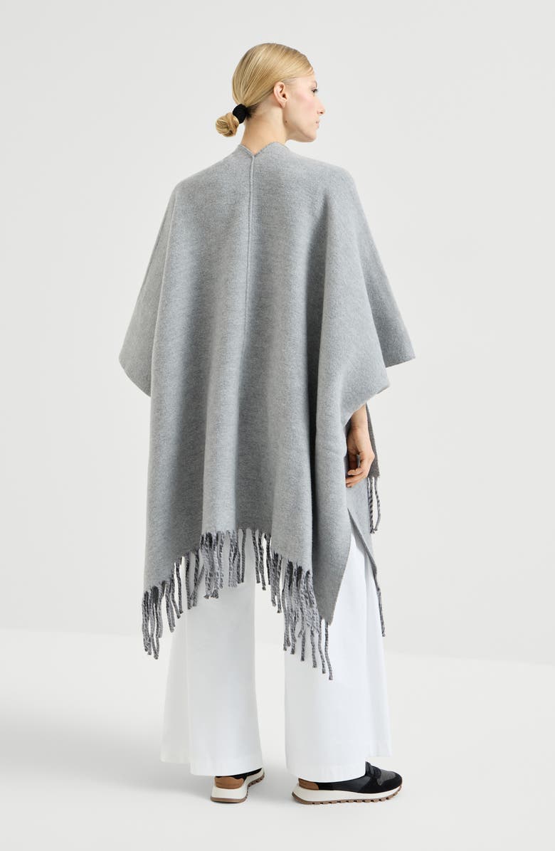 Brunello Cucinelli Wool and cashmere double knit poncho, Alternate, color, Medium Grey
