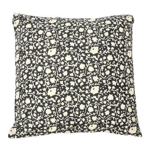 Vintage Inspired Floral Block Pattern Square Cotton Decorative Throw Pillow, Black & White