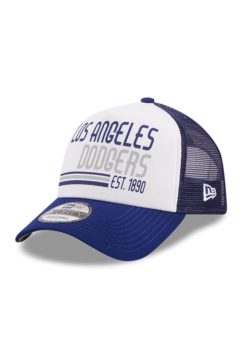 Men's New Era White/Royal Los Angeles Dodgers Stacked A-Frame Trucker 9FORTY Adjustable Hat, Main, color, White