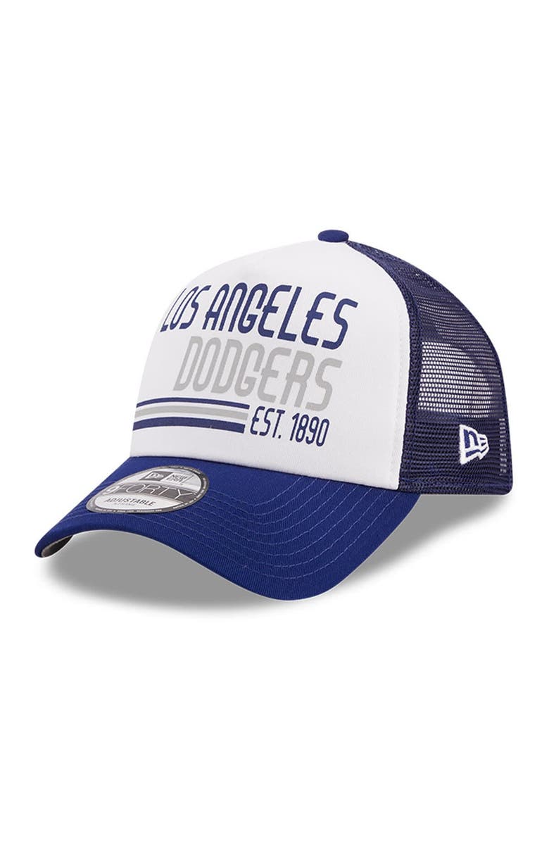 New Era Men's New Era White/Royal Los Angeles Dodgers Stacked A-Frame Trucker 9FORTY Adjustable Hat, Main, color, White