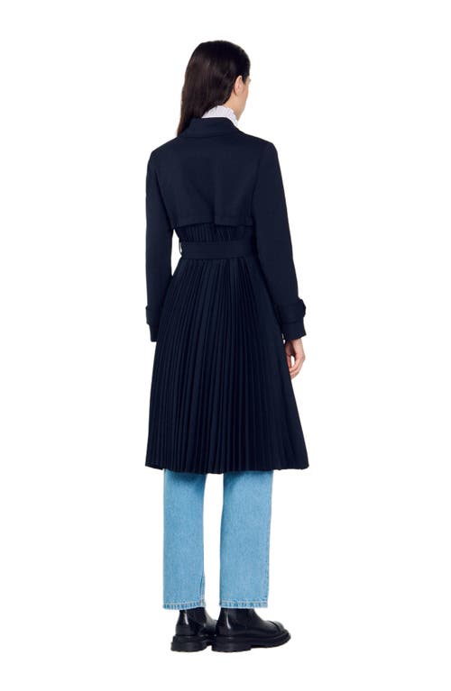 Sandro Trench Coat With Pleated Inset In Navy Blue