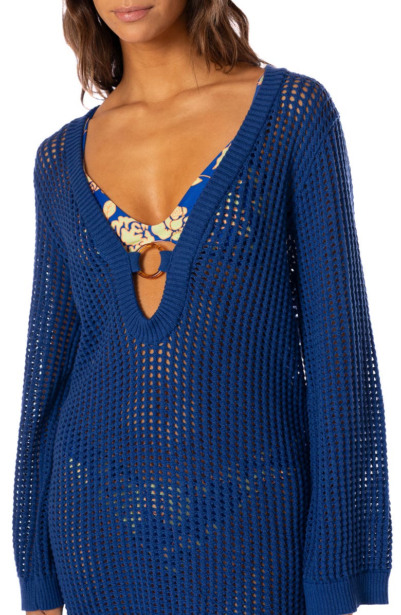 Maaji Ian Long Sleeve Sheer Cotton Open Stitch Cover-Up Minidress, Alternate, color, Bright Blue