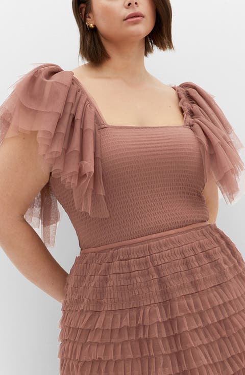 Azariah Shirred Tulle Sleeve Bodysuit (Plus)