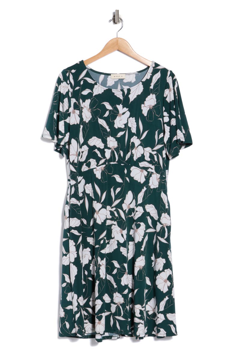 Empire Waist Short Sleeve Dress, Main, color, GREEN FLORAL