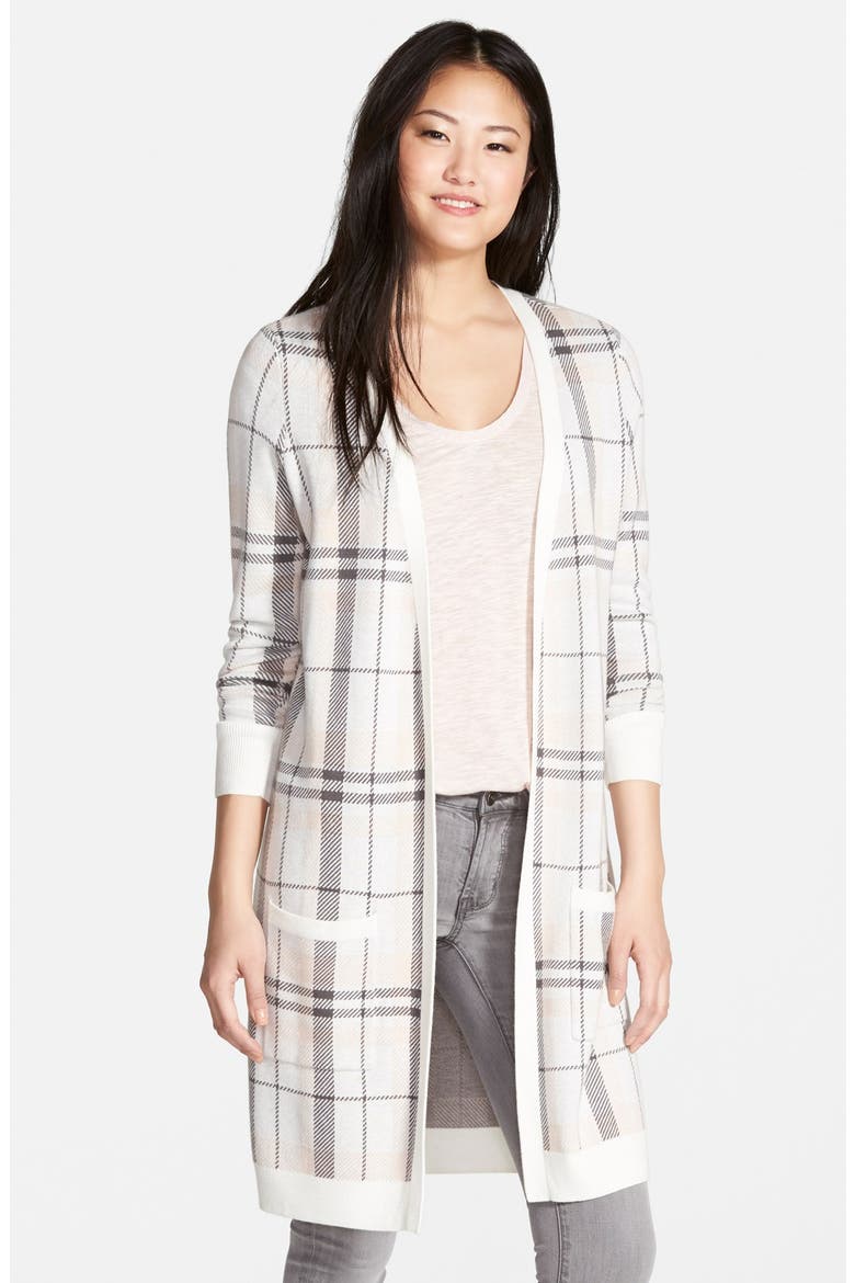 Long Open Cardigan, Main, color, IVORY- PINK PLAID