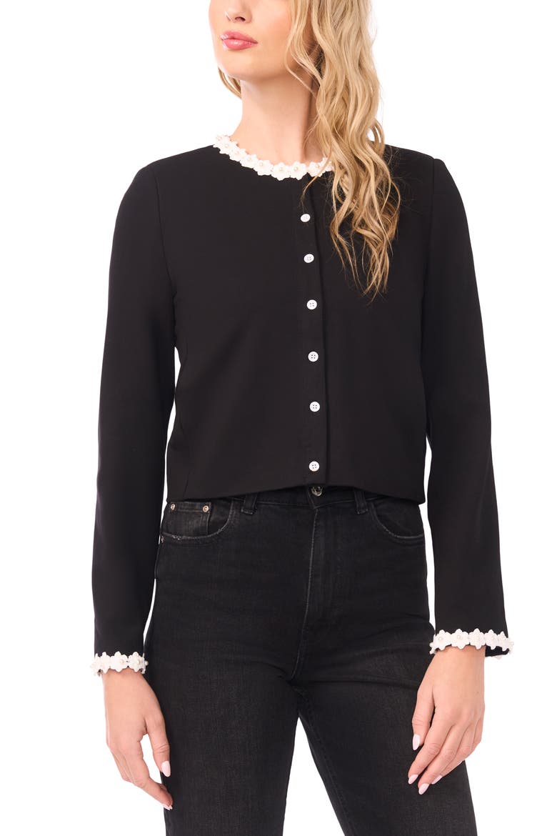 Faux Pearl Floral Trim Jacket, Alternate, color, RICH BLACK