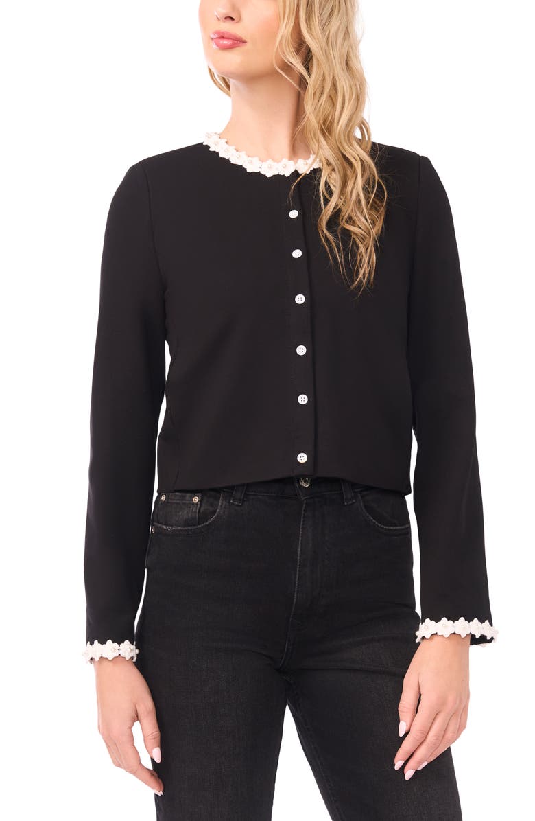CeCe Faux Pearl Floral Trim Jacket, Alternate, color, Rich Black