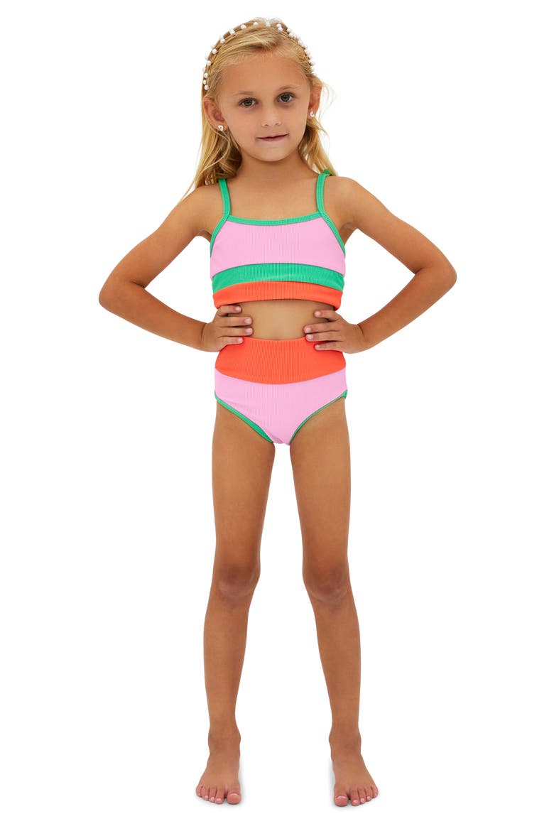 Kids' Little Eva & Emme Two-Piece Swimsuit, Main, color, CORAL BEACH COLORBLOCK