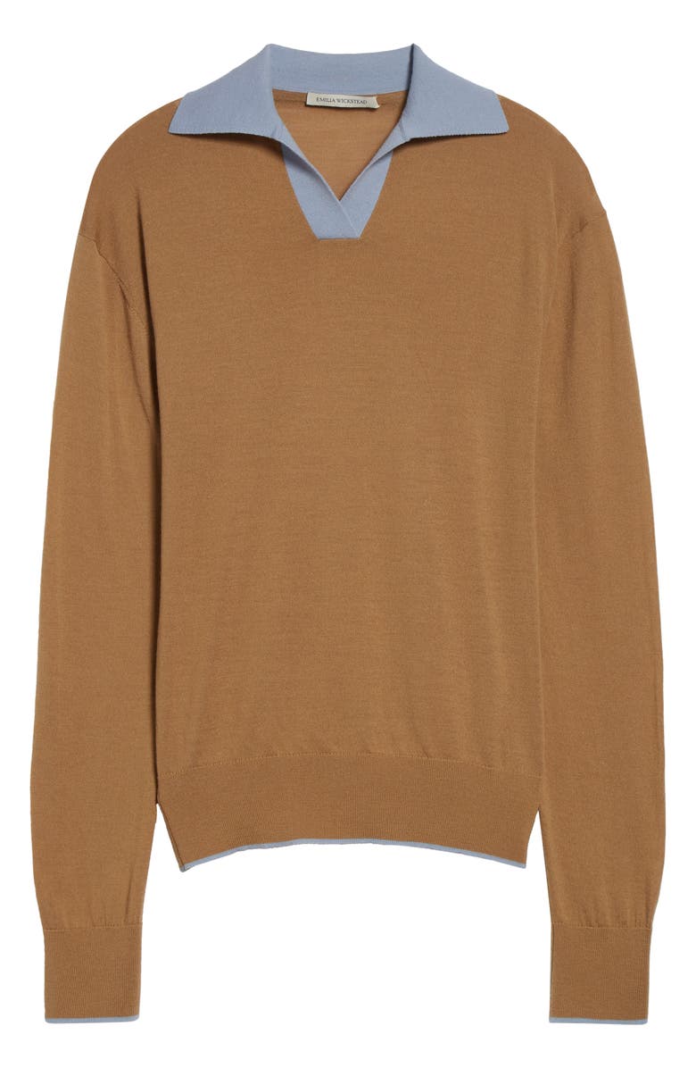 Emilia Wickstead James Contrast Wool Polo Sweater, Alternate, color, Camel/Baby Blue