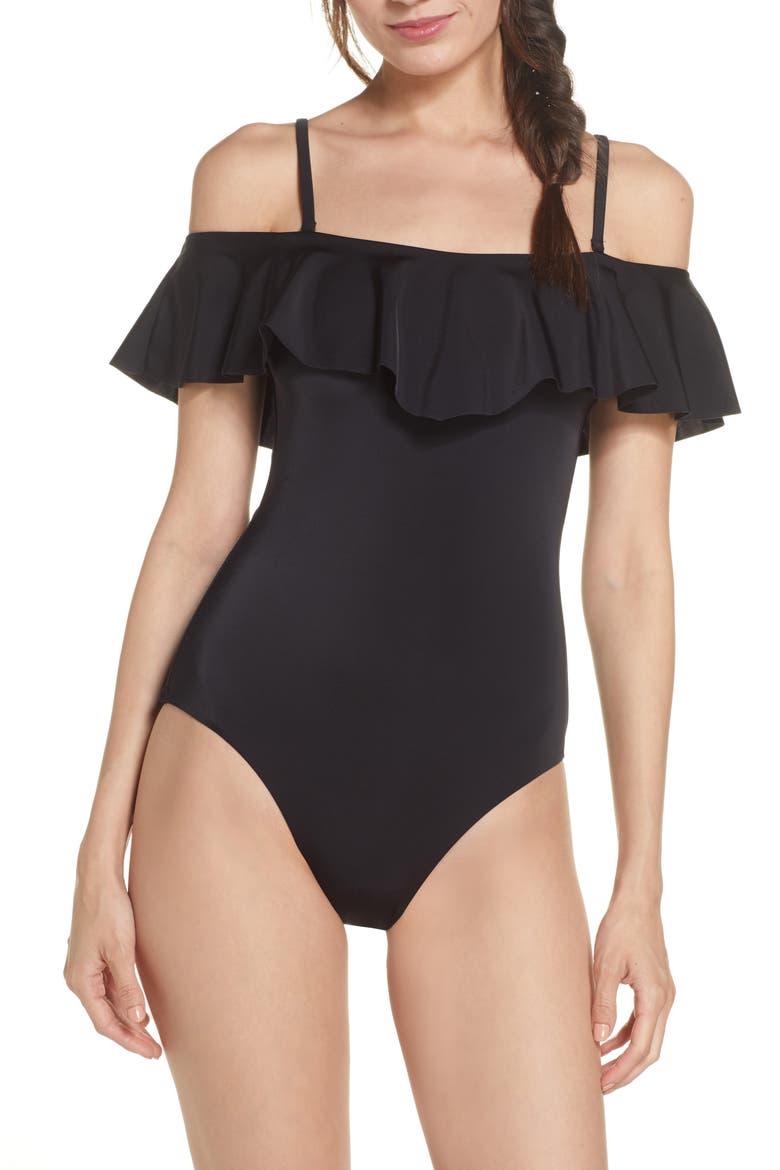 Off the Shoulder Ruffle One-Piece Swimsuit, Alternate, color, BLACK