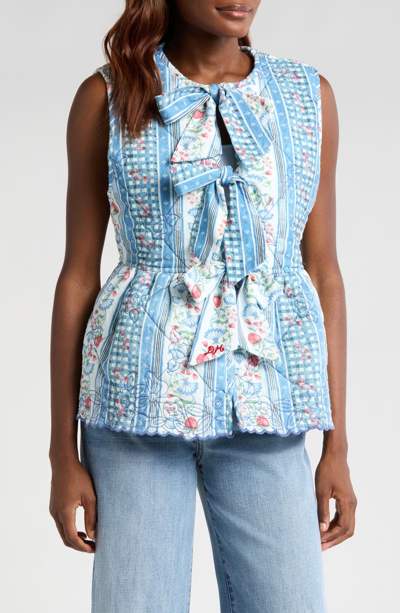 Damson Madder Catrin Tie Front Reversible Organic Cotton Vest, Main, color, Blue