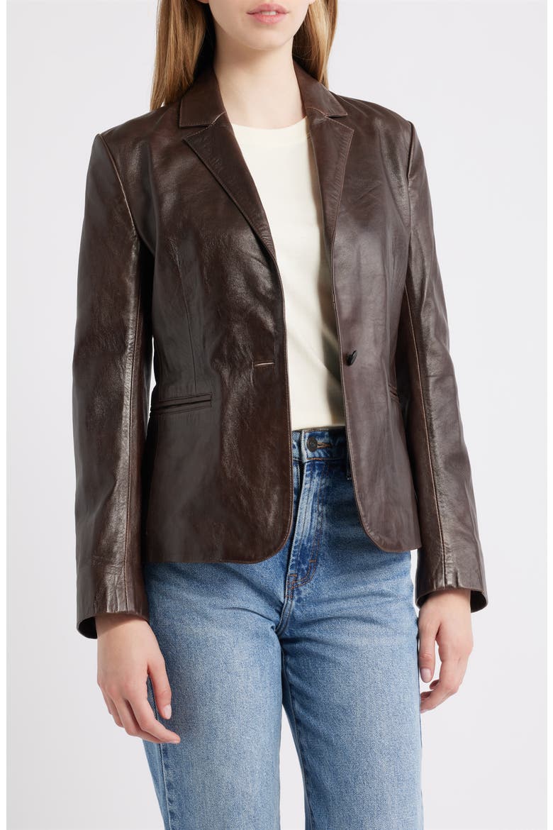 Fitted Leather Blazer, Main, color, BROWN