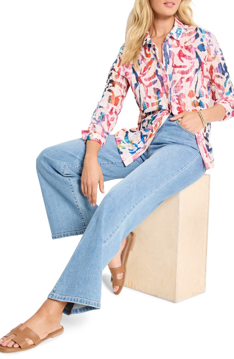 NIC+ZOE Color Wash Abstract Print Cotton Button-Up Shirt, Alternate, color, Pink Multi