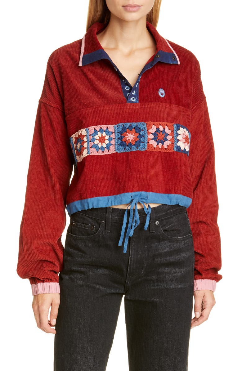 Story mfg. Polite Crochet Panel Corduroy Crop Pullover, Main, color,