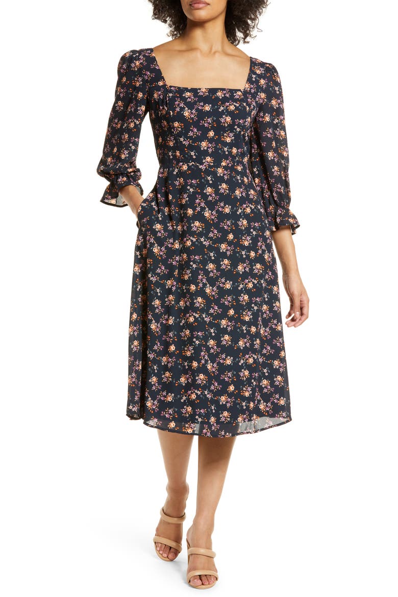Floral Bell Sleeve Midi Dress, Main, color, BLACK MULTI