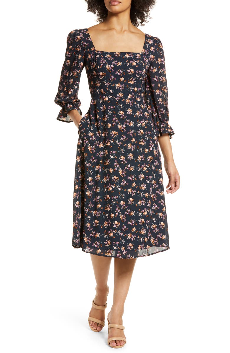 Julia Jordan Floral Bell Sleeve Midi Dress, Main, color, 
