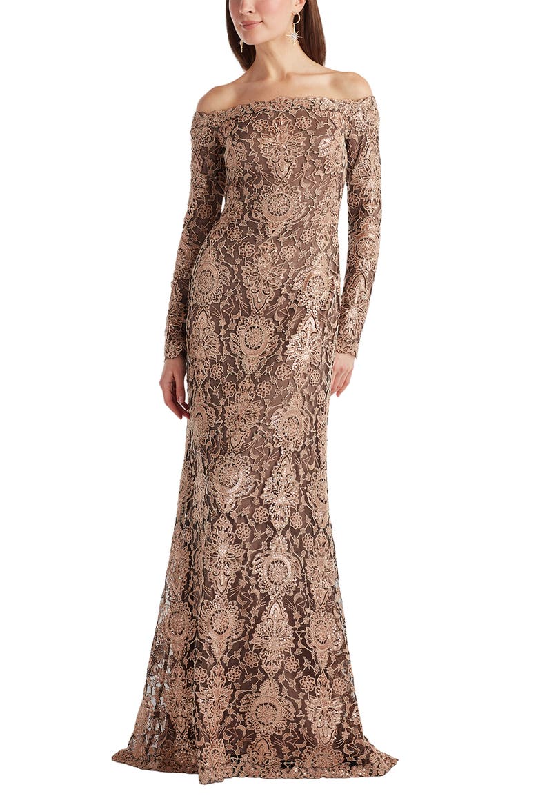 Sequin & Lace Off the Shoulder Long Sleeve Gown, Alternate, color, GINSENG