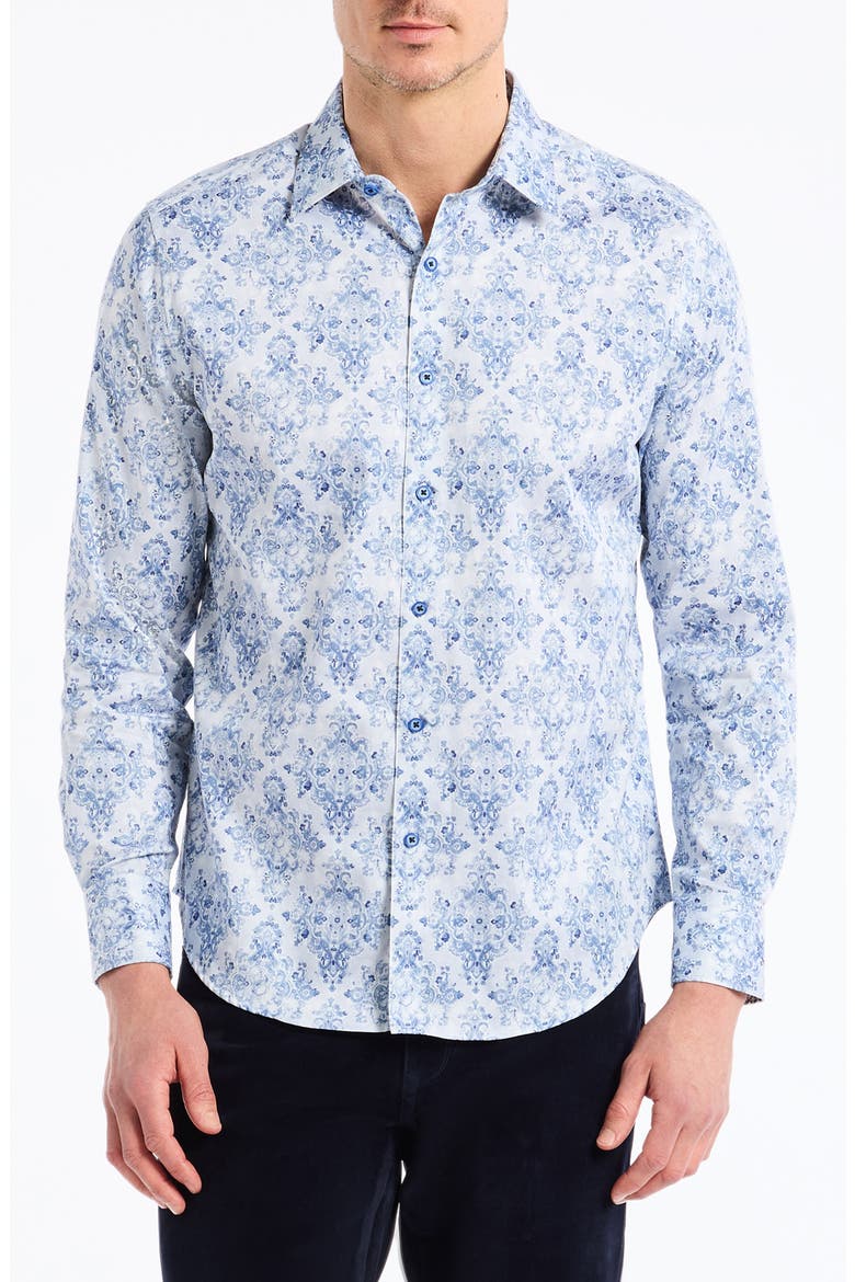 Delancey Damask Print Stretch Cotton Button-Up Shirt, Main, color, NAVY