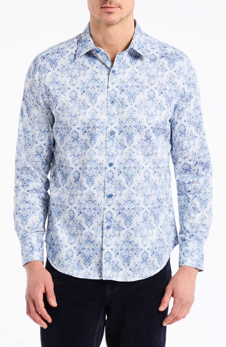 Robert Graham Delancey Damask Print Stretch Cotton Button-Up Shirt, Main, color, Navy
